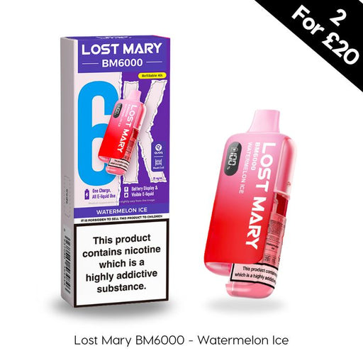 Lost Mary BM6000 watermelon ice vape device and packaging on a white background