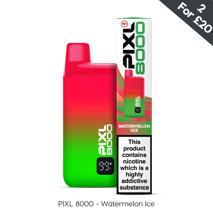 PIXL 8000 disposable vape in Watermelon Ice flavor, with vibrant red and green design. 