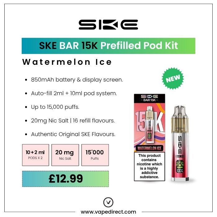SKE BAR 15k pod kit in Watermelon Ice flavour. 850mAh battery, 15,000 puffs, and 20mg nic salt. 