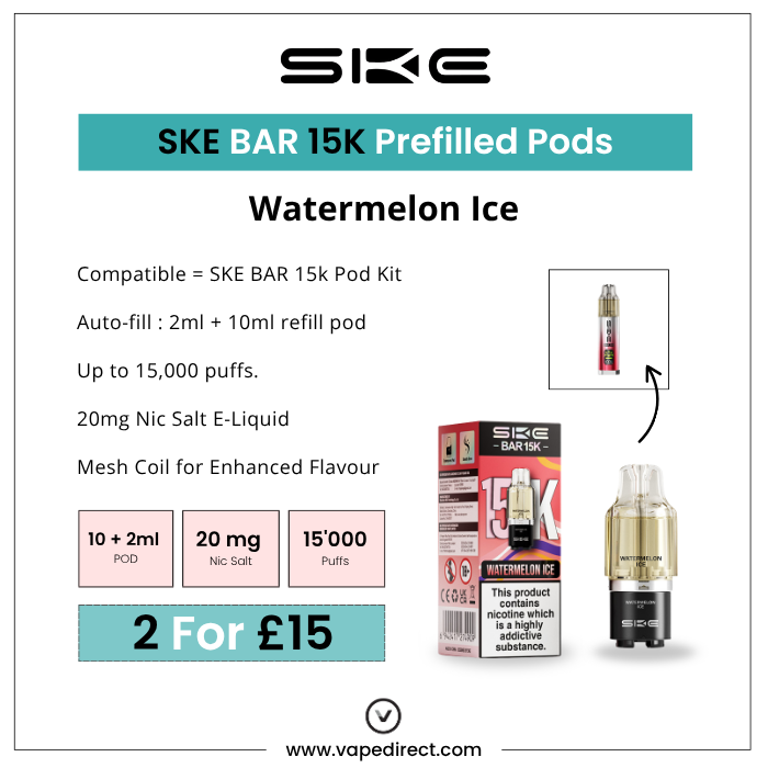 Key Features of the SKE BAR 15K Prefilled Pods in Watermelon Ice with a 10ml refill pod, 20mg Nic Salt, 15,000 puffs. 