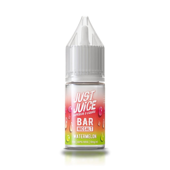 Watermelon nic salt e-liquid 10ml bottle by Just Juice Bar Salts on a plain background