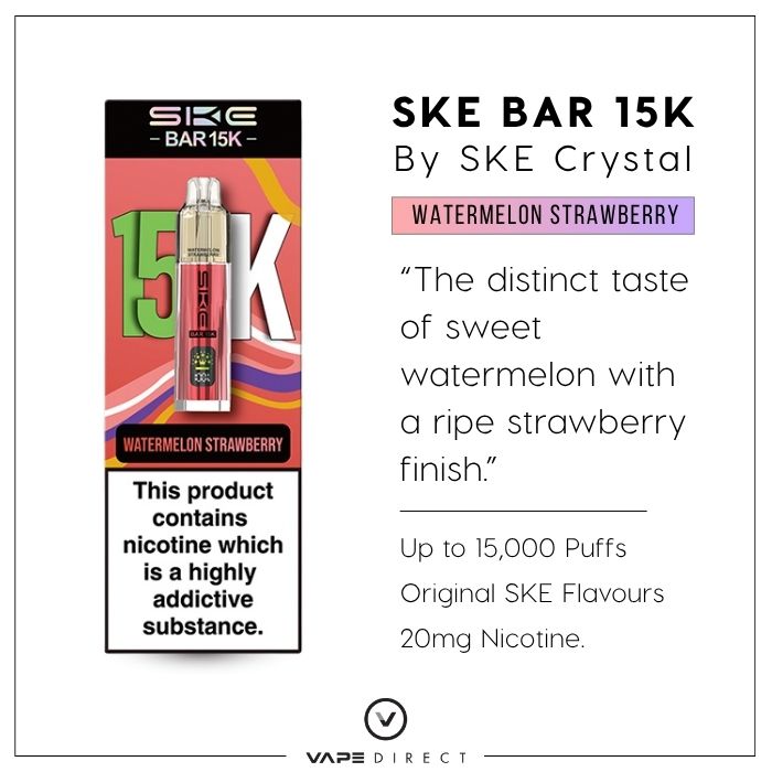 SKE Bar 15K vape inWatermelon Strawberry, with up to 15,000 puffs, Original SKE Flavour and 20mg nicotine. 