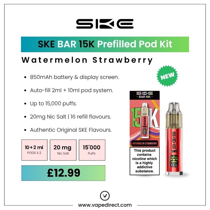SKE BAR 15k pod kit in Watermelon Strawberry flavour. 850mAh battery, 15,000 puffs, and 20mg nic salt. 