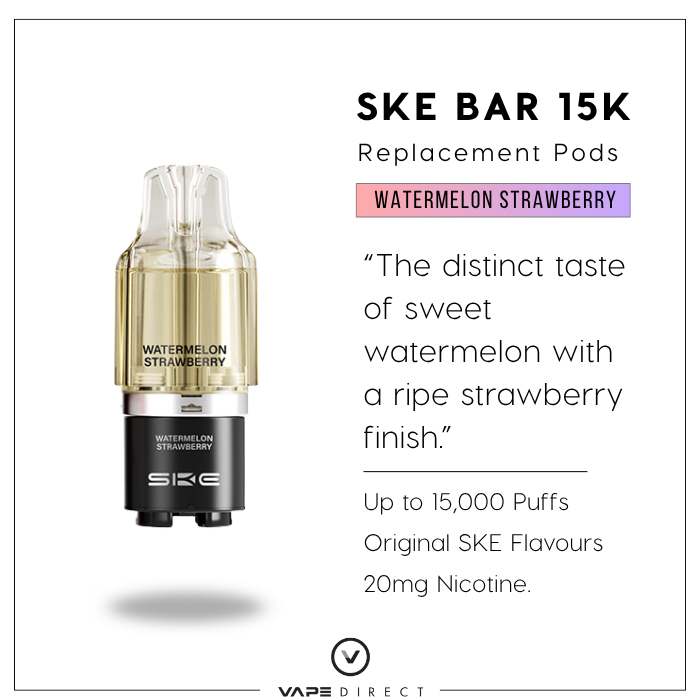 Watermelon Strawberry flavour description for the SKE BAR 15K replacement pods.