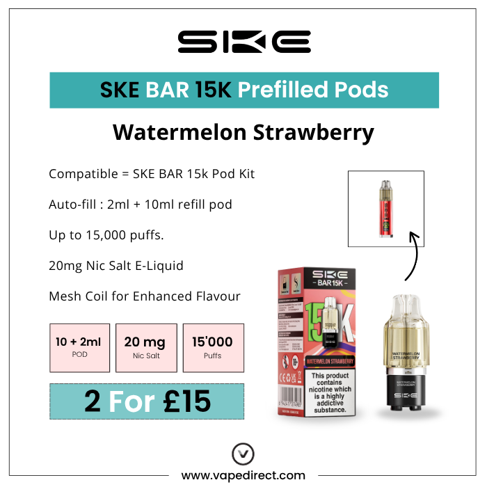 Key features of the Watermelon Strawberry SKE BAR 15K Prefilled Pods include a 10ml refill pod, 20mg of nic salt, and a 15,000-puff capacity.