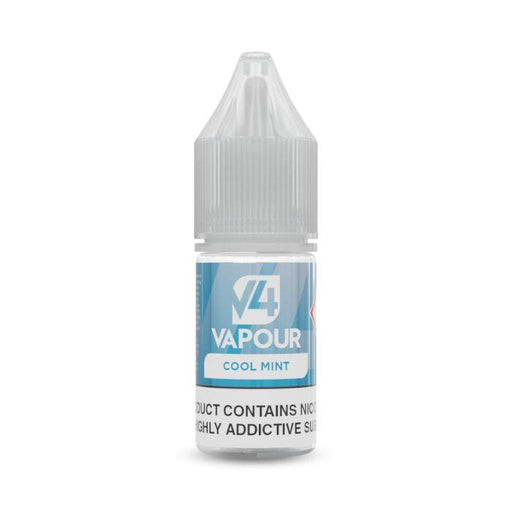 A 10ml bottle of V4 Vapour - Cool Mint E-Liquid menthol vape juice featuring a gray childproof cap and a blue label. Available at Vape Direct In Milton Keynes