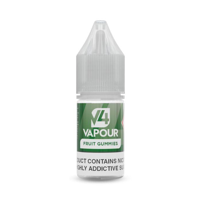 A small clear plastic bottle labeled V4 Vapour - Fruit Gummies 10ml E-Liquid features green and white branding. Available at Vape Direct In Milton Keynes