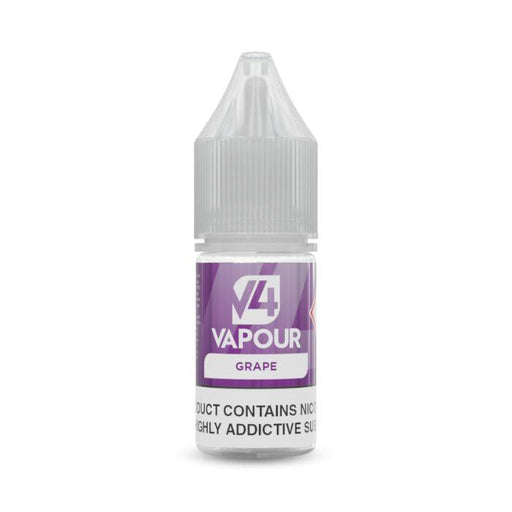 V4 Vapour - Grape 10ml E-Liquid comes in a small plastic bottle with a purple label and child-resistant cap, ideal for MTL Vape Kits. Available at Vape Direct In Milton Keynes