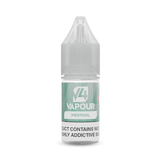 V4 Vapour - Menthol 10ml E-Liquid comes in a small plastic bottle with a clear nozzle, grey cap, and a green-white label, highlighting the refreshing menthol vape juice from V4 Vapour. Available at Vape Direct In Milton Keynes