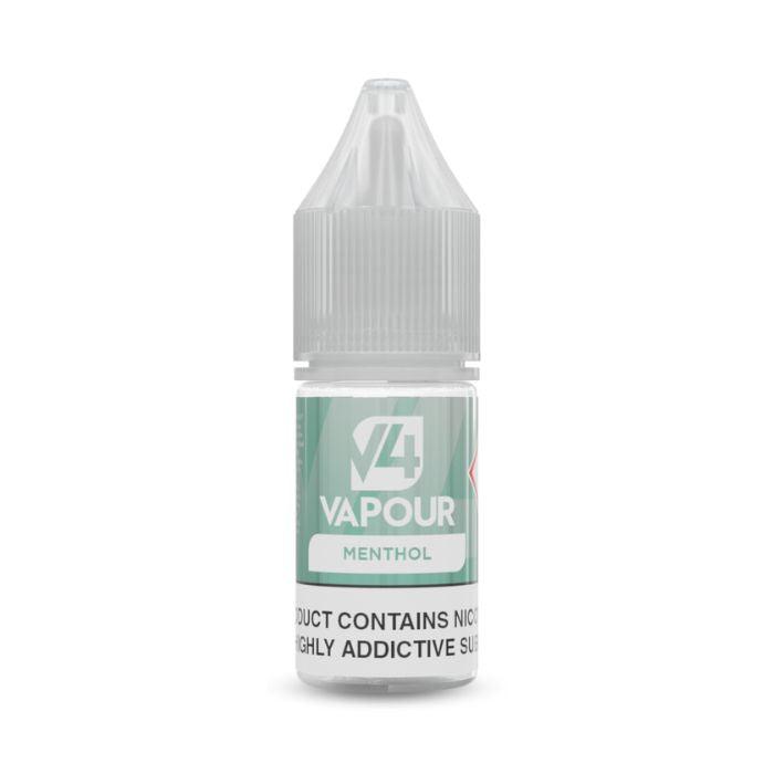 V4 Vapour - Menthol 10ml E-Liquid comes in a small plastic bottle with a clear nozzle, grey cap, and a green-white label, highlighting the refreshing menthol vape juice from V4 Vapour. Available at Vape Direct In Milton Keynes