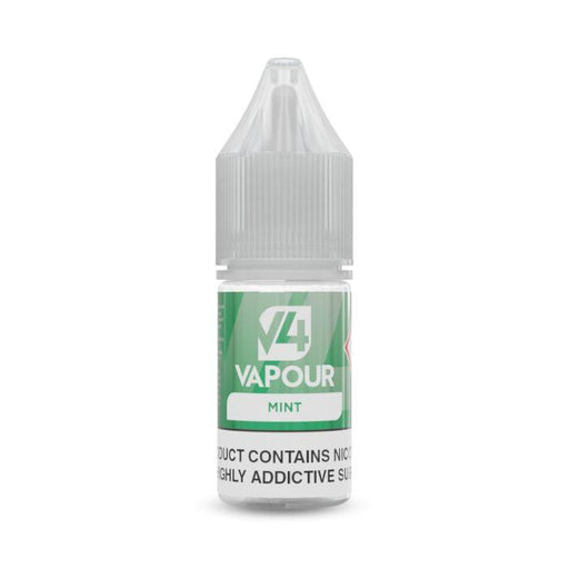 A small plastic bottle labeled V4 Vapour - Mint 10ml E-Liquid features a green and white design. This e-liquid by V4 Vapour delivers a refreshing menthol mint flavor for a cool, invigorating vaping experience. Available at Vape Direct In Milton Keynes