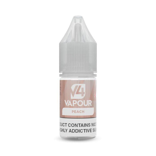 A 10ml plastic bottle of V4 Vapour - Peach E-Liquid with a gray cap and label, perfect for Mouth To Lung vaping enthusiasts. Available at Vape Direct In Milton Keynes