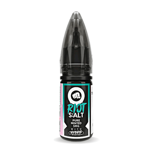 Pure Minted nic salt e-liquid 10ml bottle by Riot Squad on a plain background