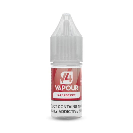 A clear, small plastic bottle labeled V4 Vapour - Raspberry 10ml E-Liquid offers a delicious raspberry flavor, ideal for MTL vaping fans. Available at Vape Direct In Milton Keynes