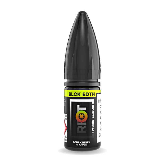 Sour Cherry and Apple nic salt e-liquid 10ml bottle by Riot Salt Black Edition on a plain background