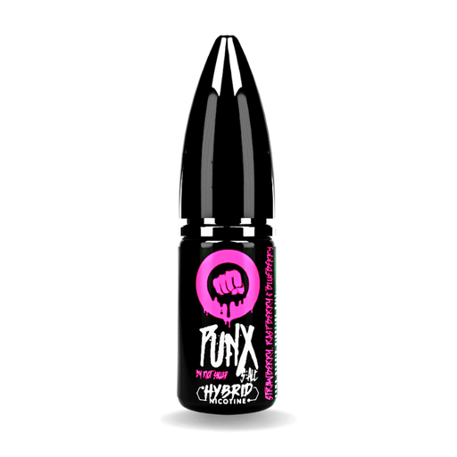 Strawberry, Raspberry and Blueberry nic salt e-liquid 10ml bottle by Punx on a plain background