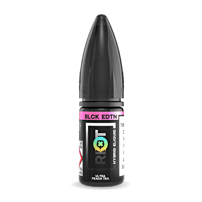 Ultra Peach Tea nic salt e-liquid 10ml bottle by Riot Salt Black Edition on a plain background